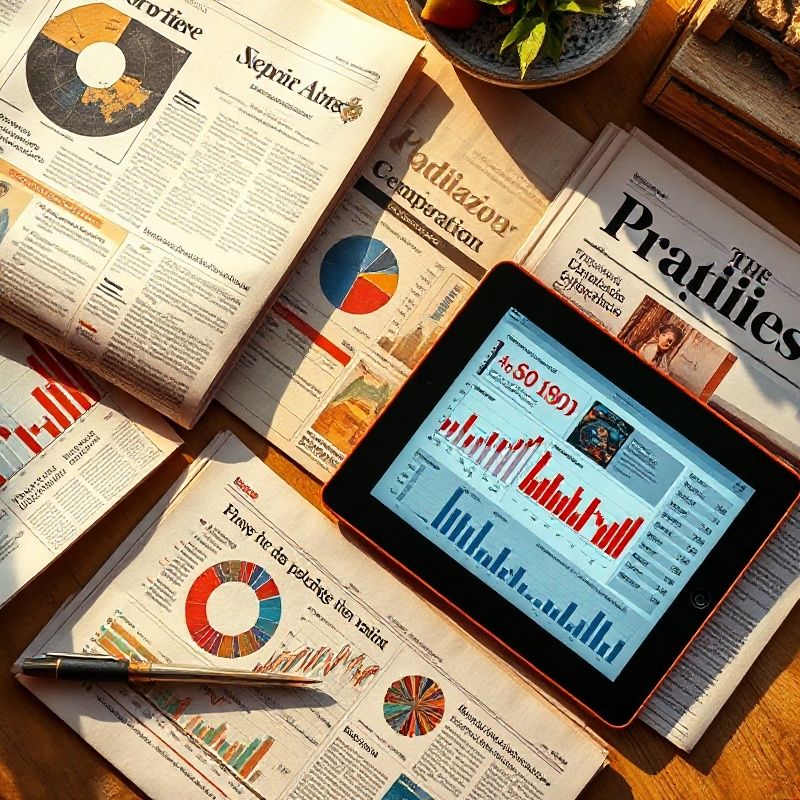 Novine, ispisani grafikoni i tablet s ekonomskim podacima u toplom svjetlu