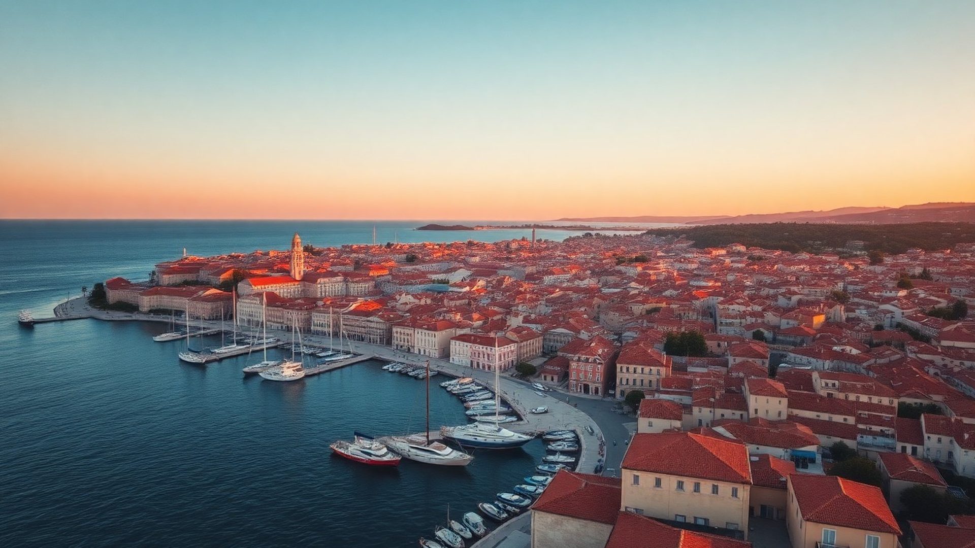 Pula u zlatnim tonovima predvečerja — pogled iz zraka na obalni grad